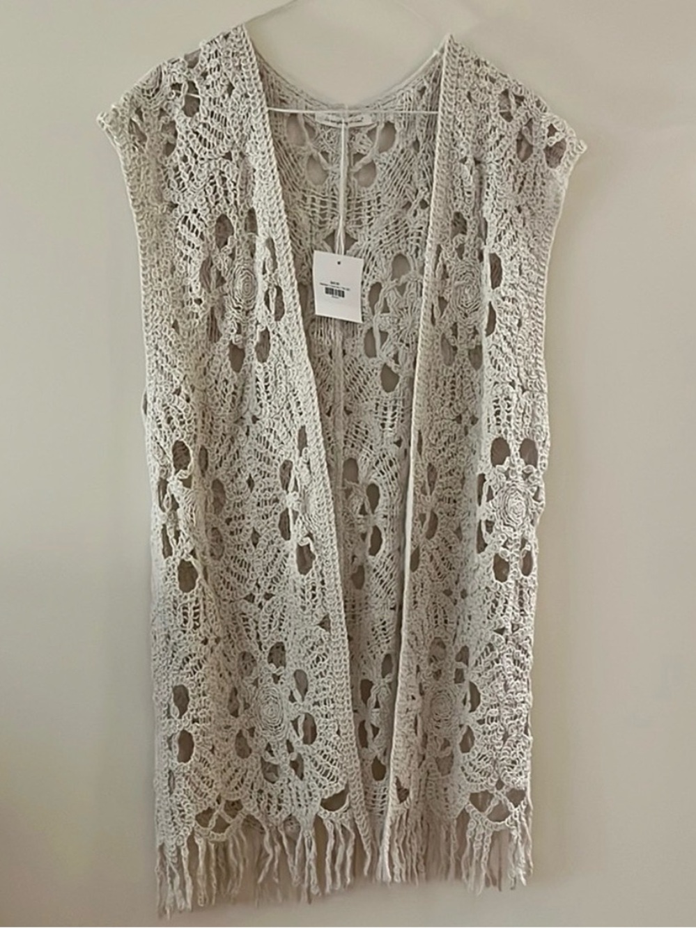 Crochet Fringe Open-Front Vest - Light Cream/Gray